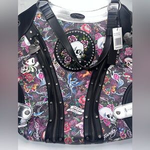 Ed Hardy Skull Rose Tattoo Print Tote Bag Black Silver Detachable Strap Y2K NWT